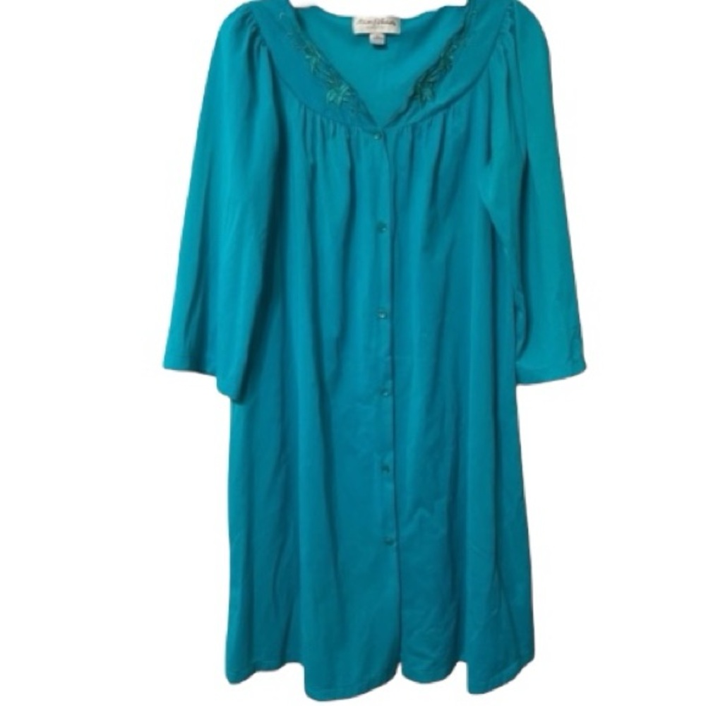 Miss Elaine Classics Robe, Sz M, Teal, Embroidery, Housecoat, Pj, Vintage